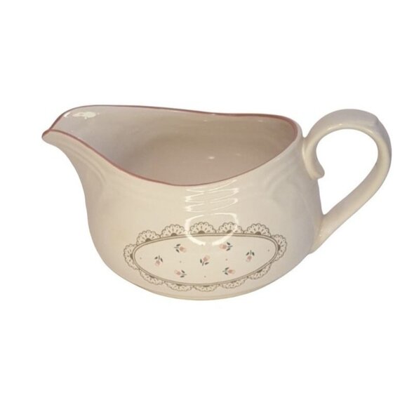 Vintage 1988 Victoriana Gravy Boat Stoneware Pink Flower Pink Rim - Picture 2 of 7